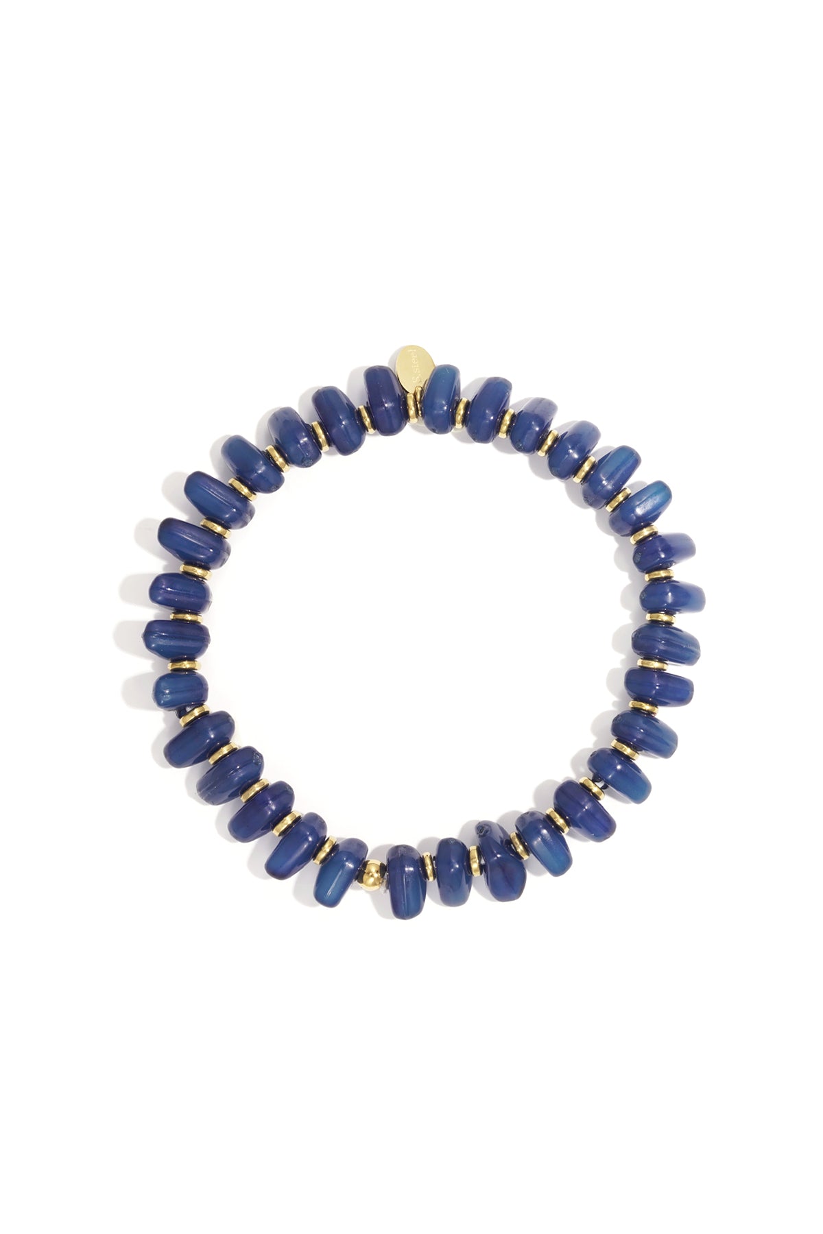 Blue chunky beaded stretch bracelet with gold-tone spacers in a circular arrangement