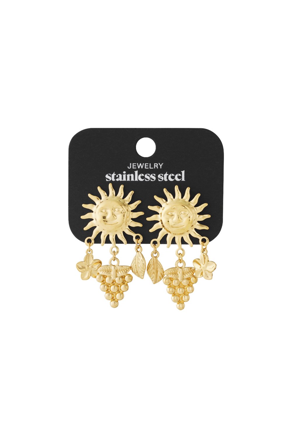 Golden Hour Drops: Gold-tone stainless steel drop earrings featuring a sun face charm with grape and leaf dangles.