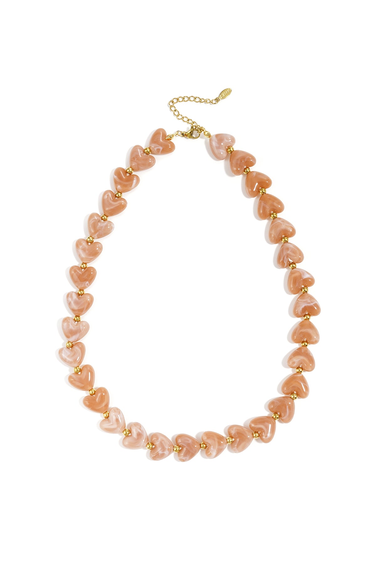 Vibrant red glossy heart bead necklace with gold spacers on white background