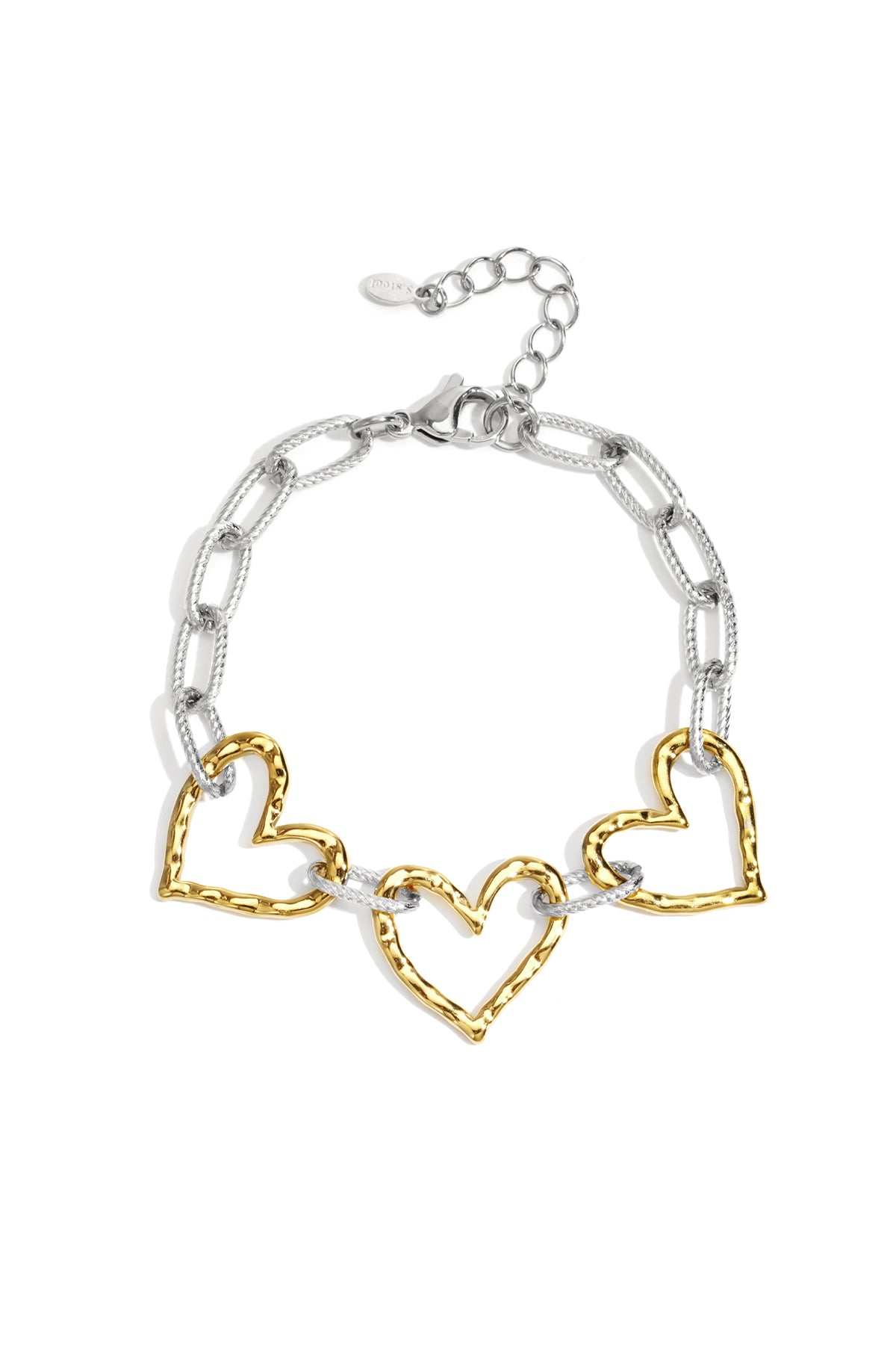 Two-tone bracelet with silver chain links and gold hammered heart charms displayed flat on white background