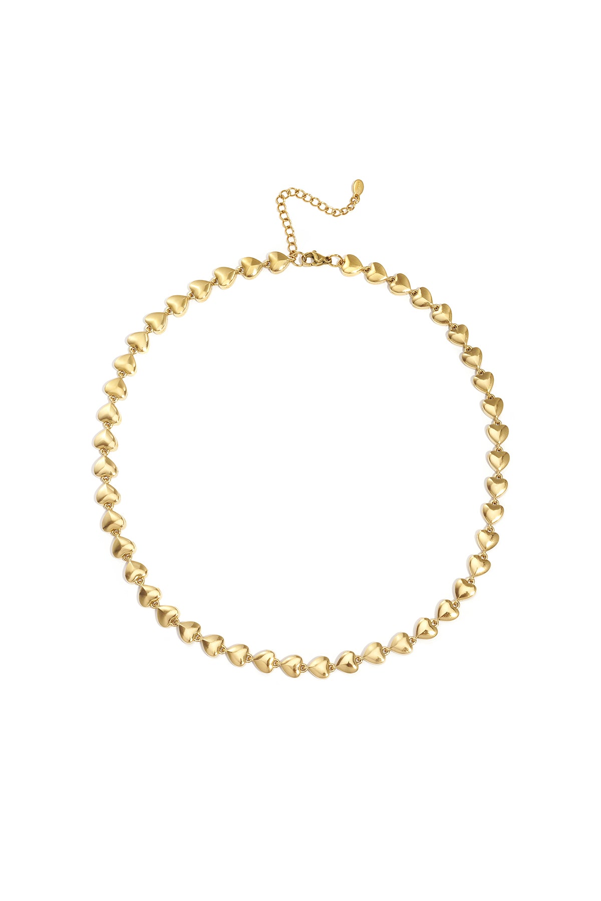 Gold heart-shaped link chain necklace laid flat with adjustable clasp on white background