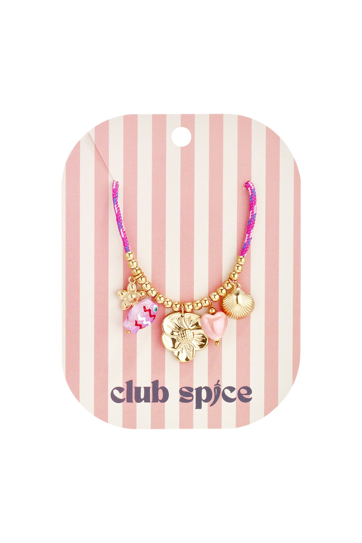 Charming pink rope necklace with gold pendants displayed on striped pink and white Club Spice branded card