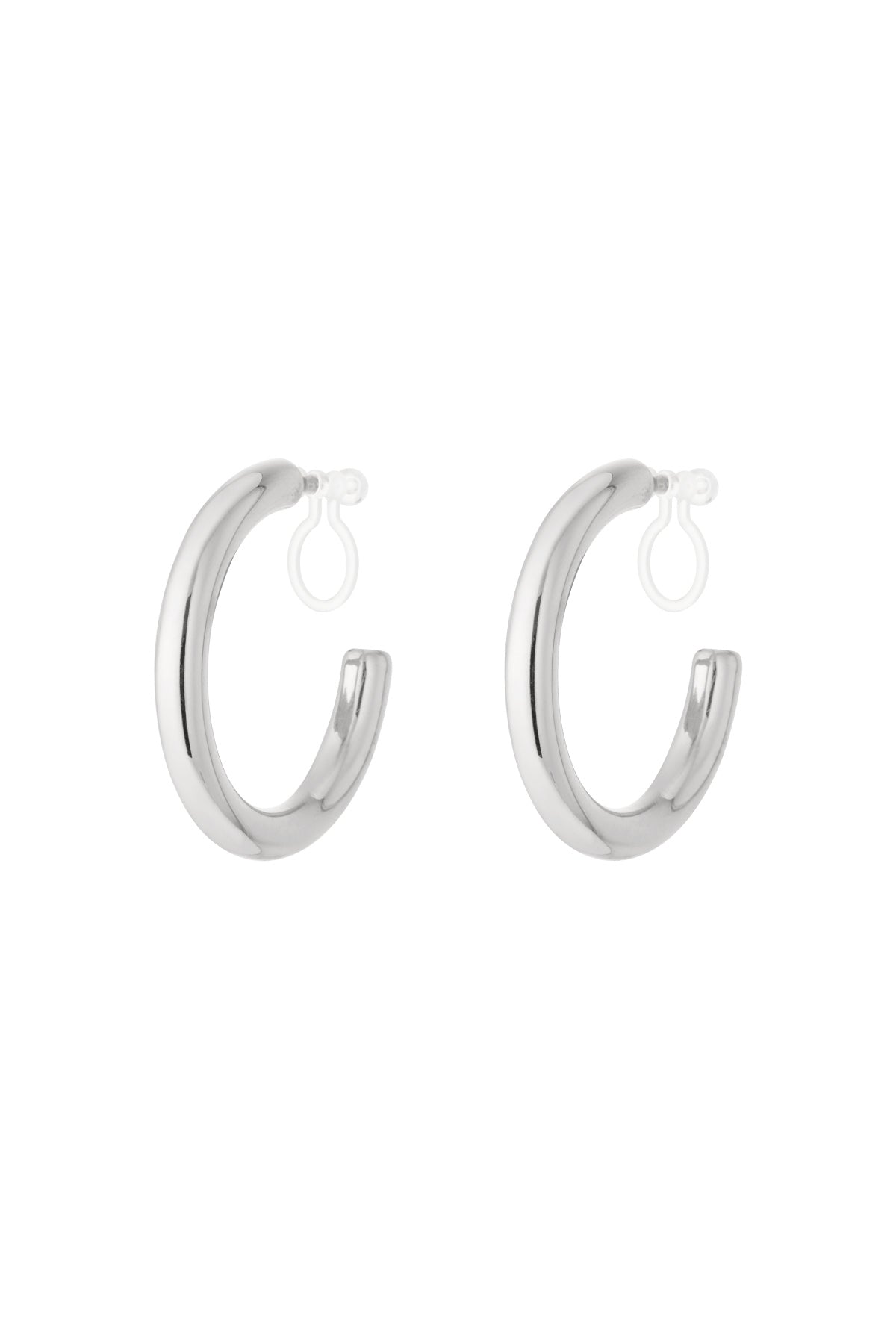 Pair of glossy chunky silver hoop clip-on earrings displayed on white background