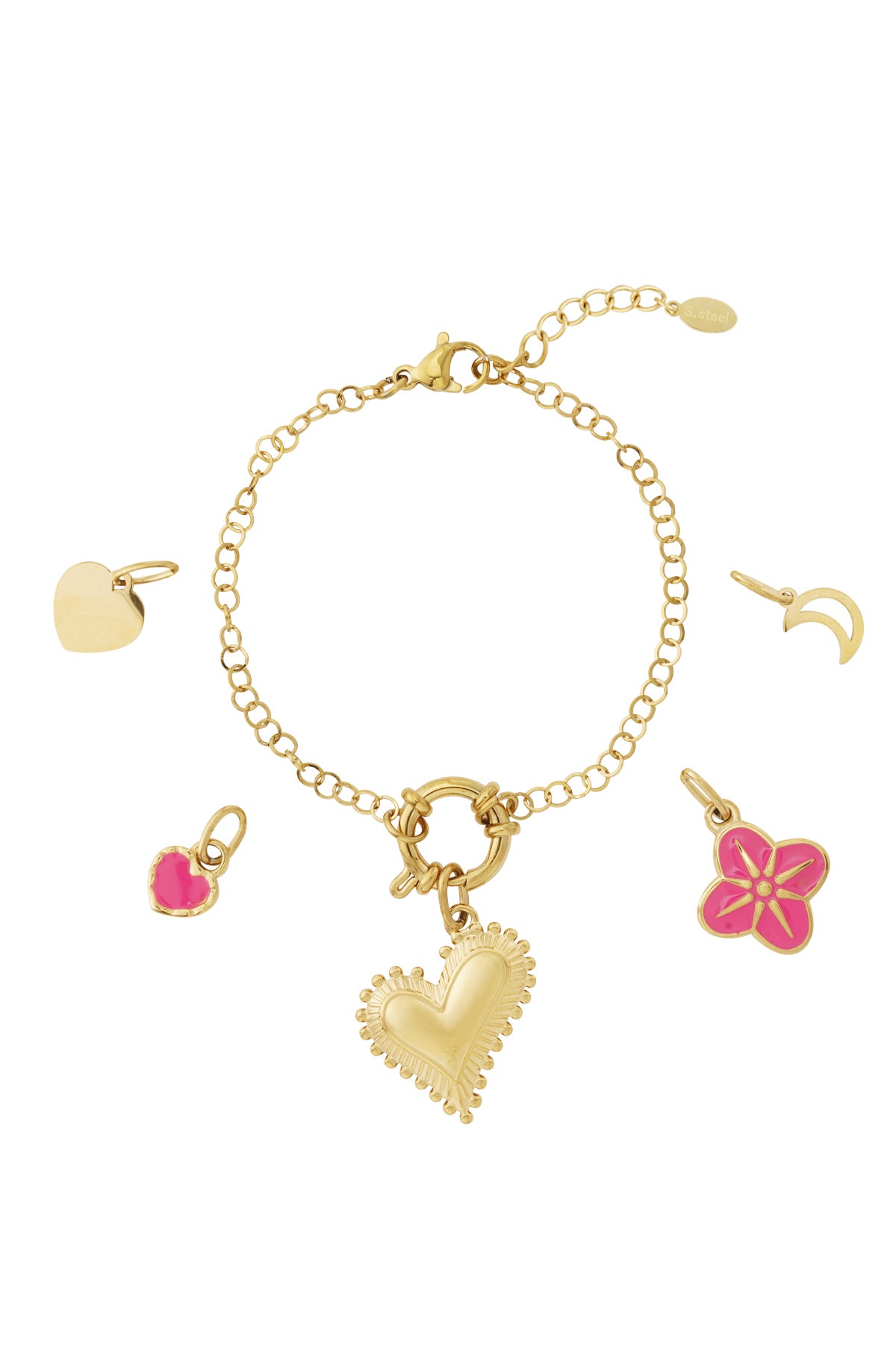 Gold-plated charm bracelet with heart, pink enamel heart, pink flower, and crescent moon charms displayed on white background