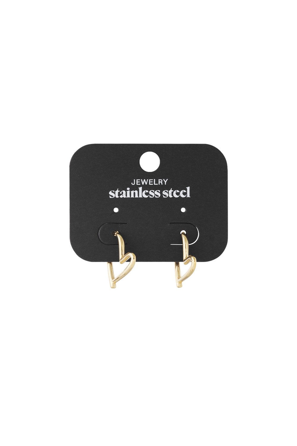 Gold-toned stainless steel heart-shaped hoop earrings on a black display card.
