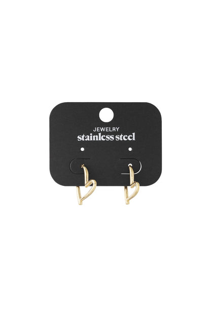Gold-toned stainless steel heart-shaped hoop earrings on a black display card.