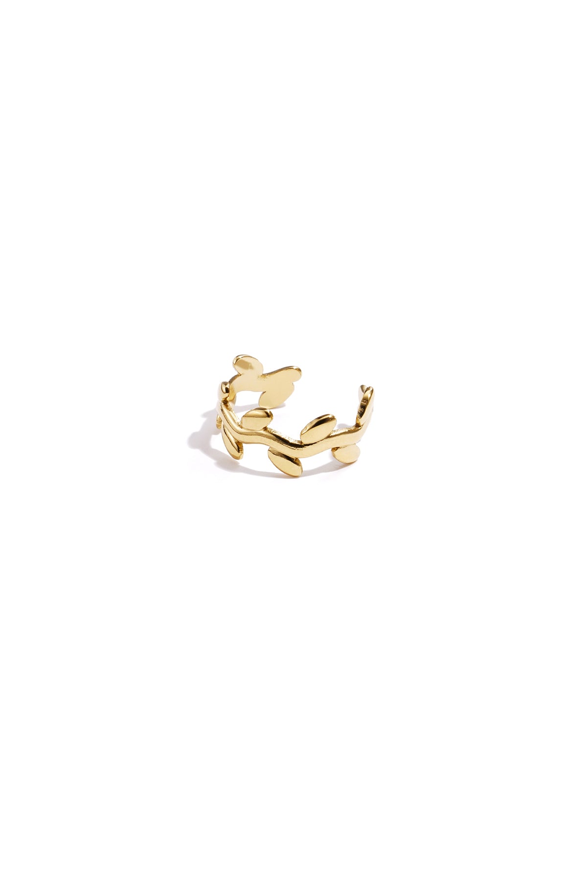 Gold laurel leaf shaped earcuff made of polished stainless steel on white background