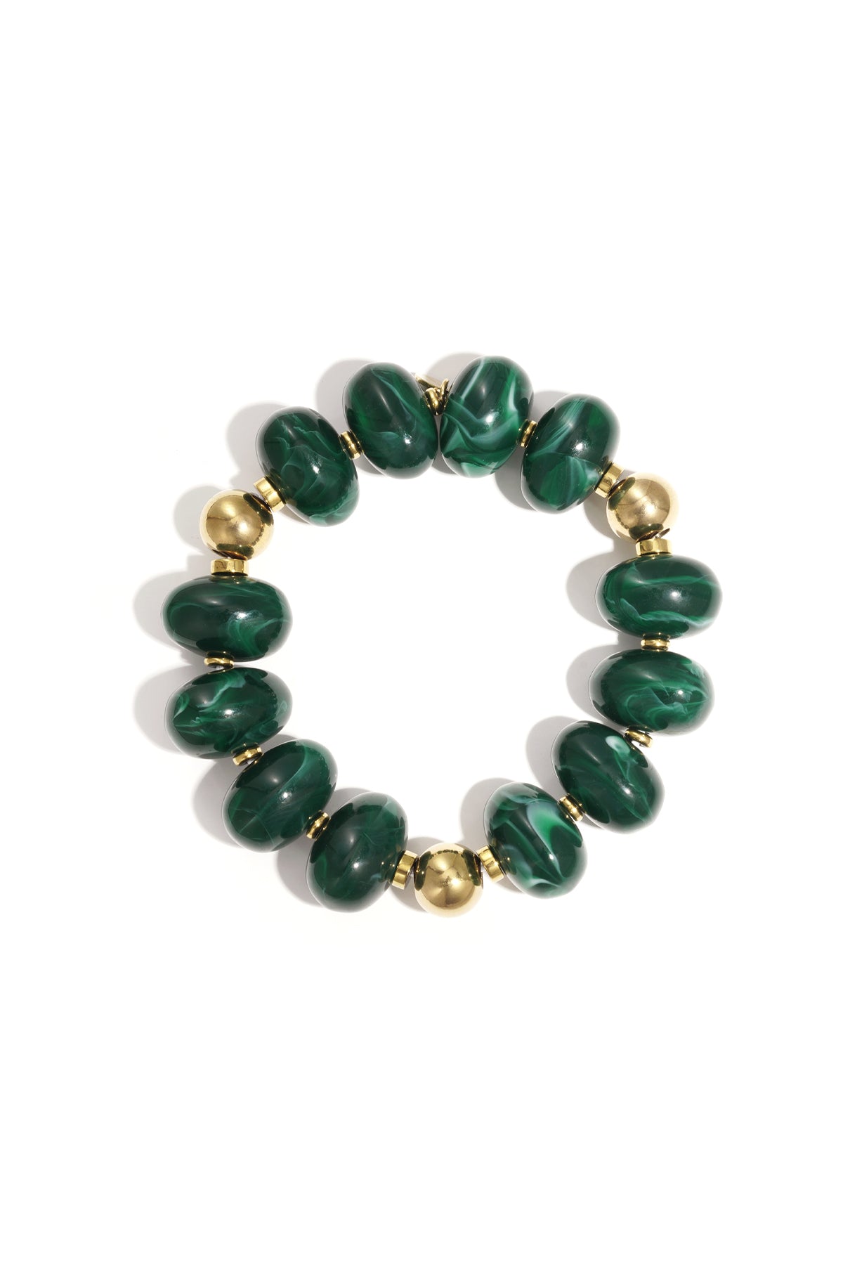 Green marbled resin beaded bracelet with gold beads on white background