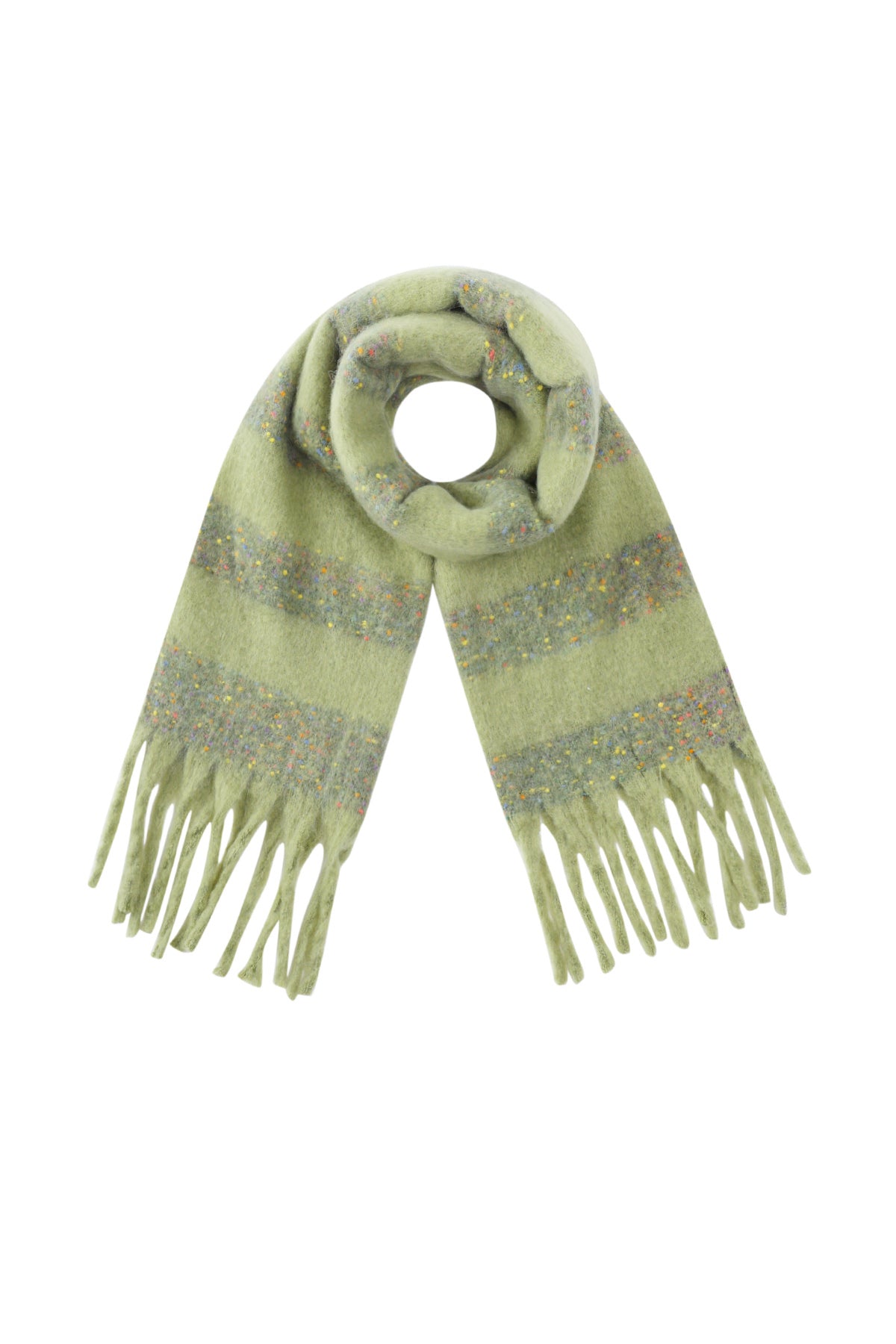 Green confetti scarf laid flat with fringed ends, showing vibrant multicolor speckles