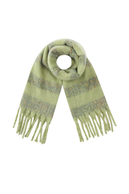 Green confetti scarf laid flat with fringed ends, showing vibrant multicolor speckles
