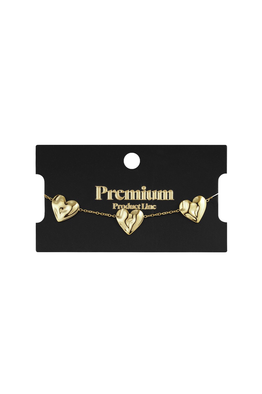 Gold-tone chain bracelet featuring three sculpted, puffed heart charms on a black Premium Product Line display card.