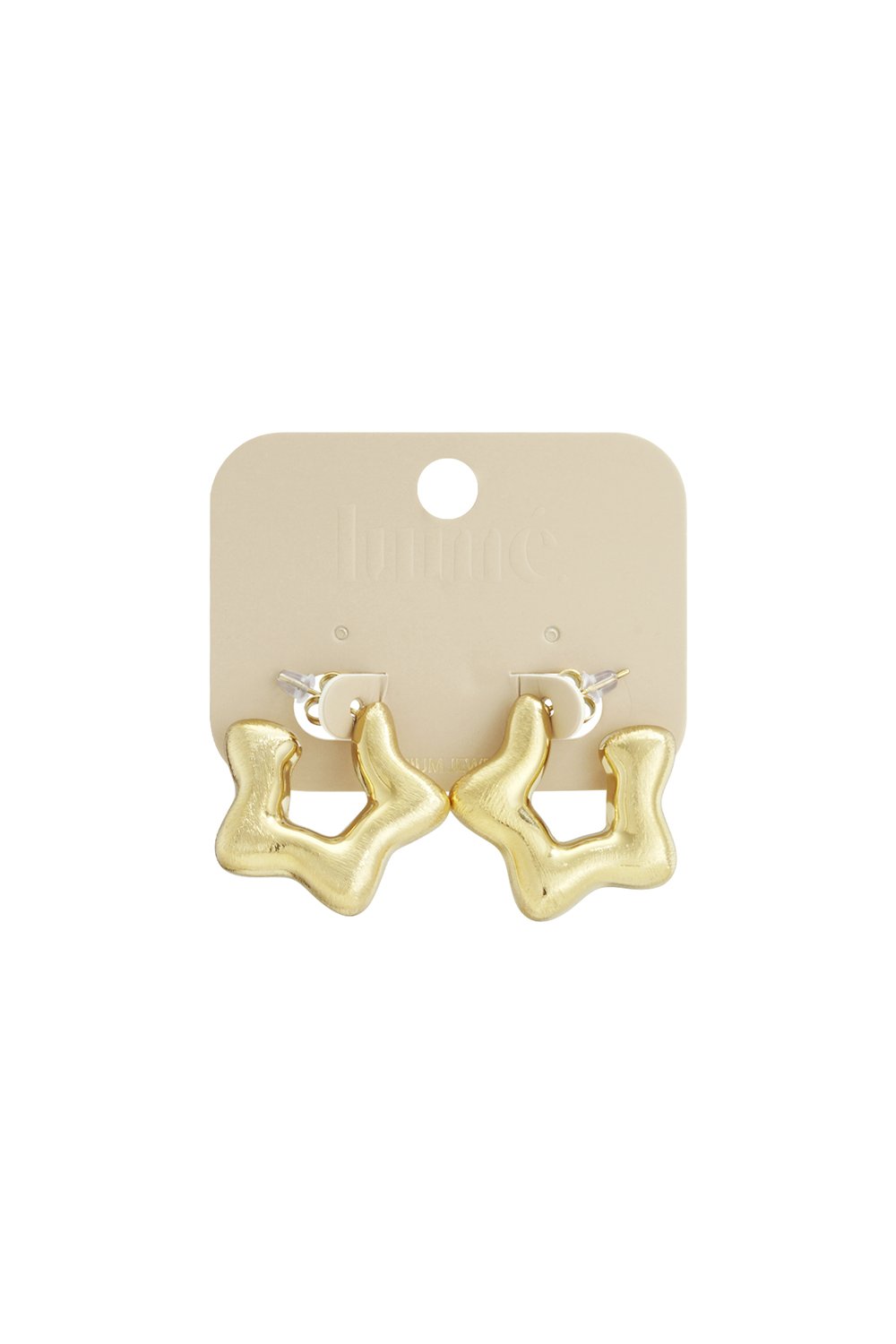 Sculpted gold-tone hoop earrings with an organic, wavy, star-like silhouette on a beige retail display card.