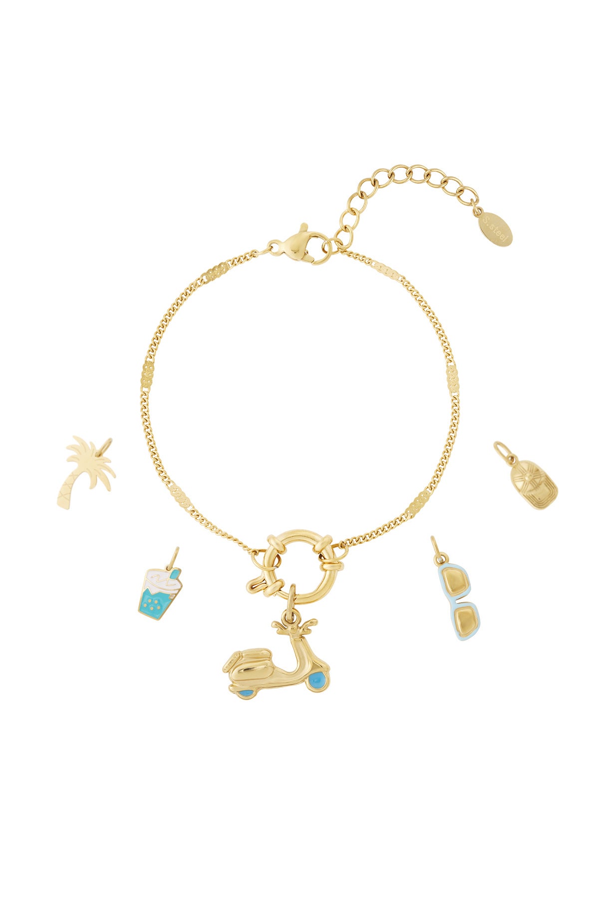 Gold charm bracelet with scooter charm and four additional enamel charms including palm tree, bubble tea, sunglasses, and backpack on white background