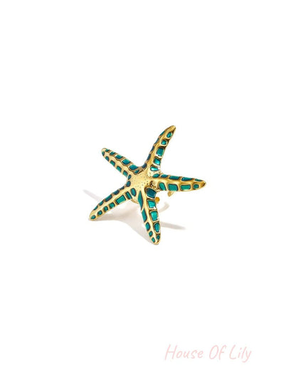 Elegant Green Starfish Adjustable Statement Ring