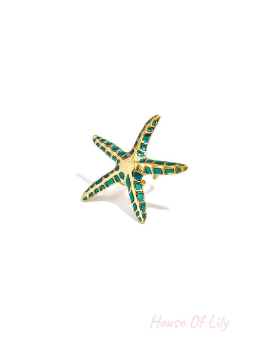 Elegant Green Starfish Adjustable Statement Ring