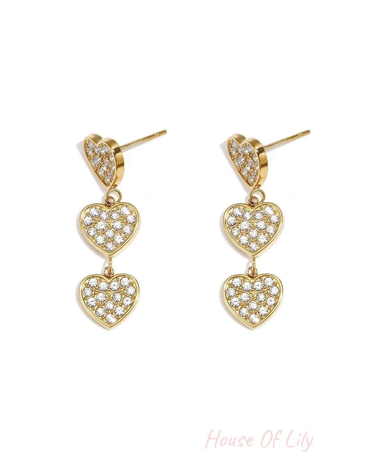 Earrings with 3 embellished hearts