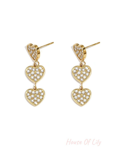 Earrings with 3 embellished hearts