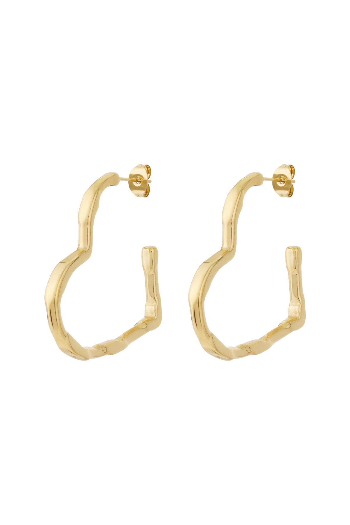 Pair of gold wavy heart hoop earrings displayed on white background
