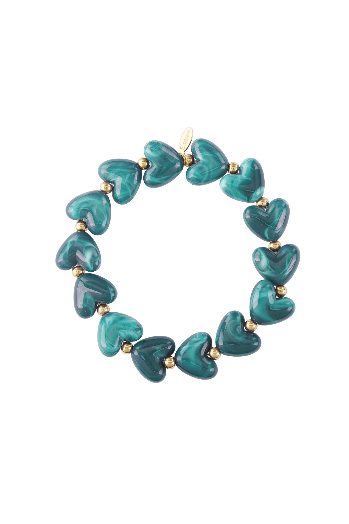 Dark teal marbled heart beaded stretch bracelet with gold accent beads on white background