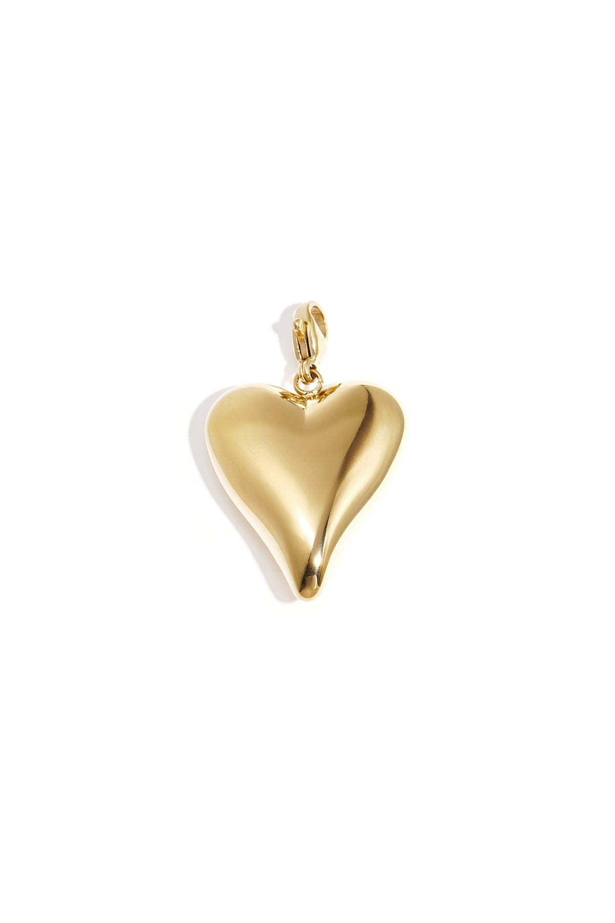 Glossy gold heart-shaped jewelry charm with lobster clasp on white background