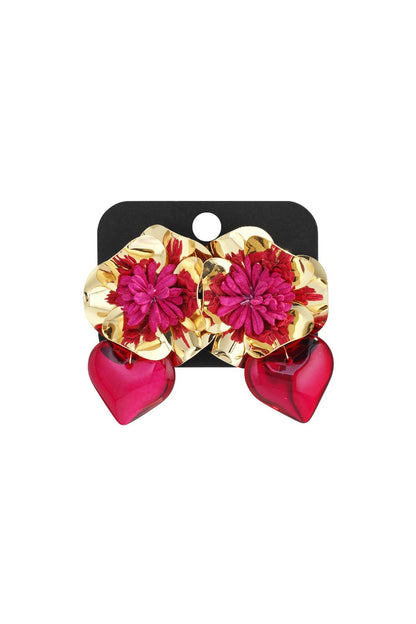 Red Floral Hearts earrings featuring gold scalloped petals, deep pink fabric flowers, and red acrylic heart drops.