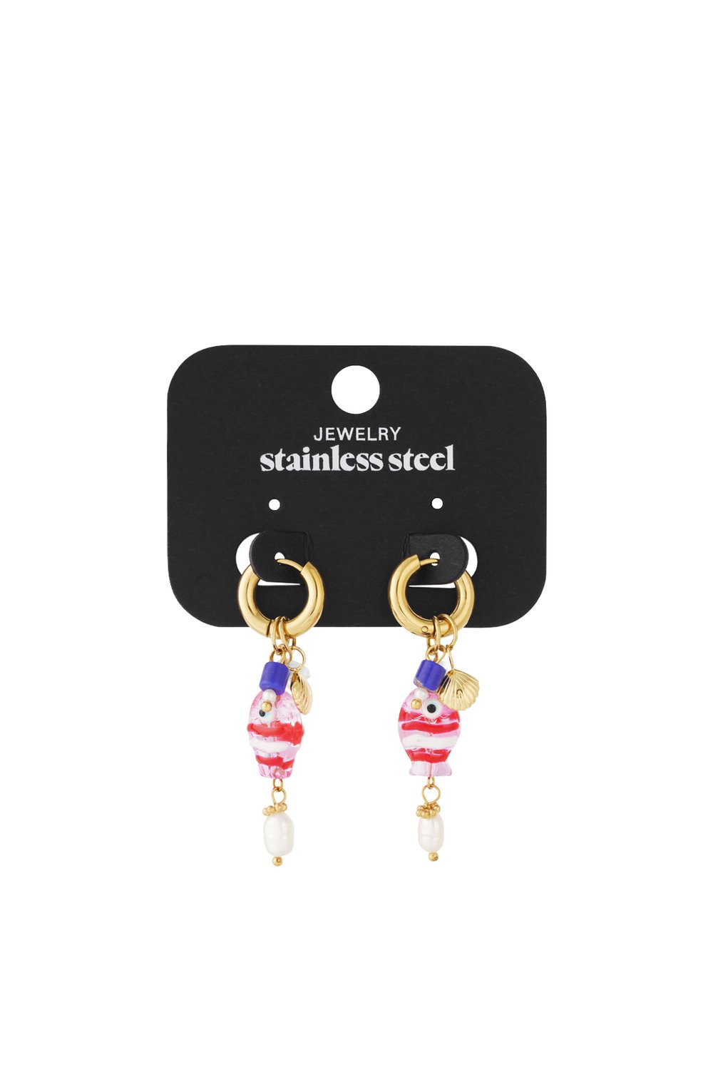 Coquette Charm Hoops: Gold stainless steel hoops with red and white striped fish charms, blue beads, and white pearls.