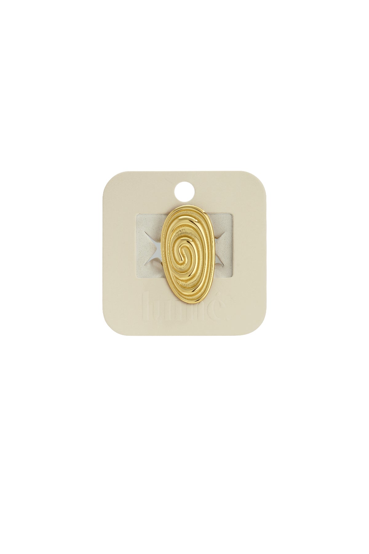 Gold-tone Wavy Gravy ring featuring an oval, textured spiral design mounted on a beige display card.