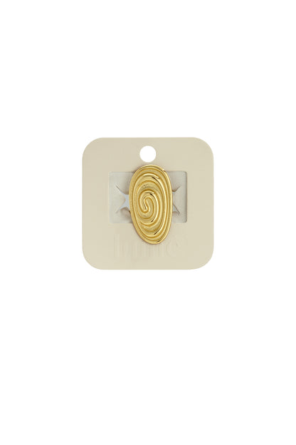 Gold-tone Wavy Gravy ring featuring an oval, textured spiral design mounted on a beige display card.