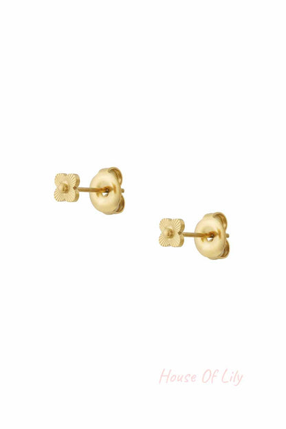 Close-up image of a pair of gold mini floral stud earrings with butterfly backings against a white background