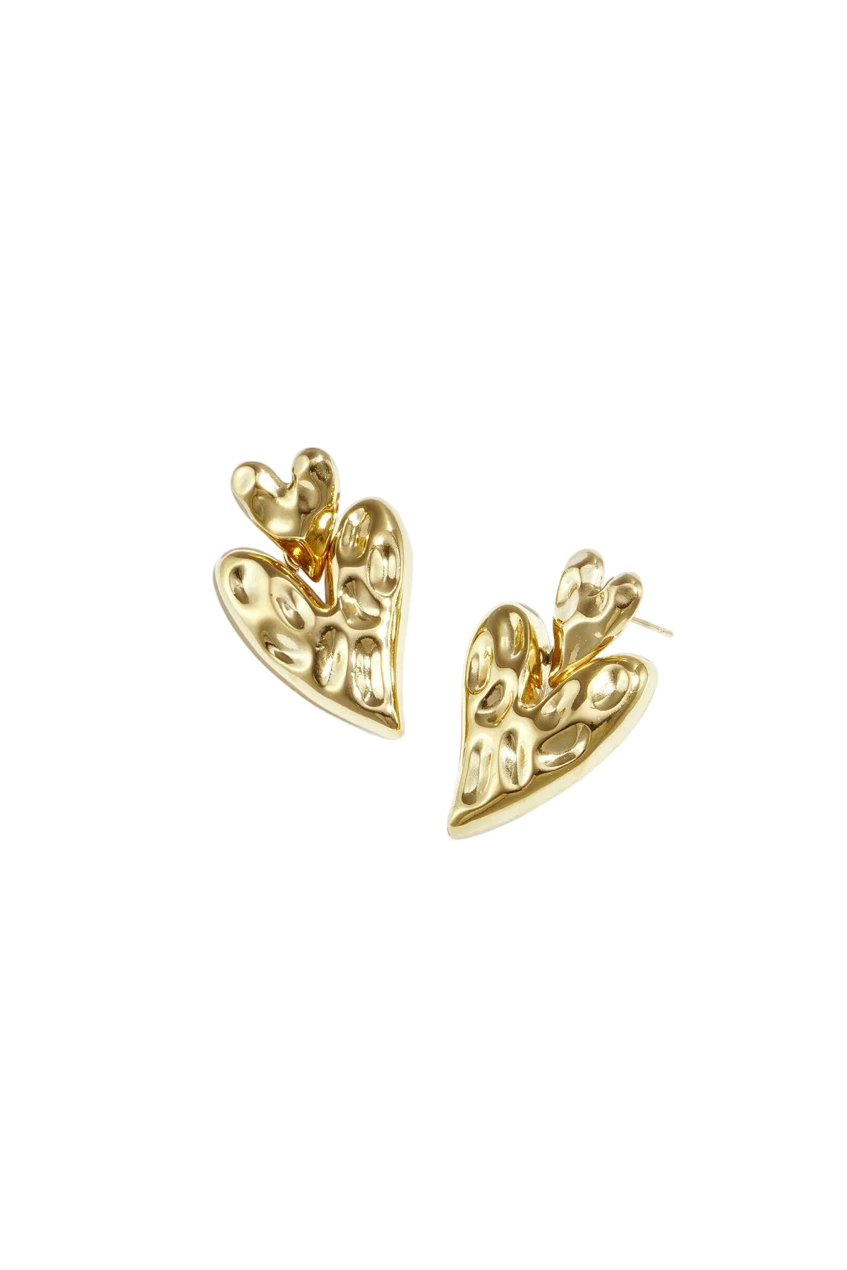 Pair of polished gold chunky heart-shaped drop earrings with hammered texture on white background
