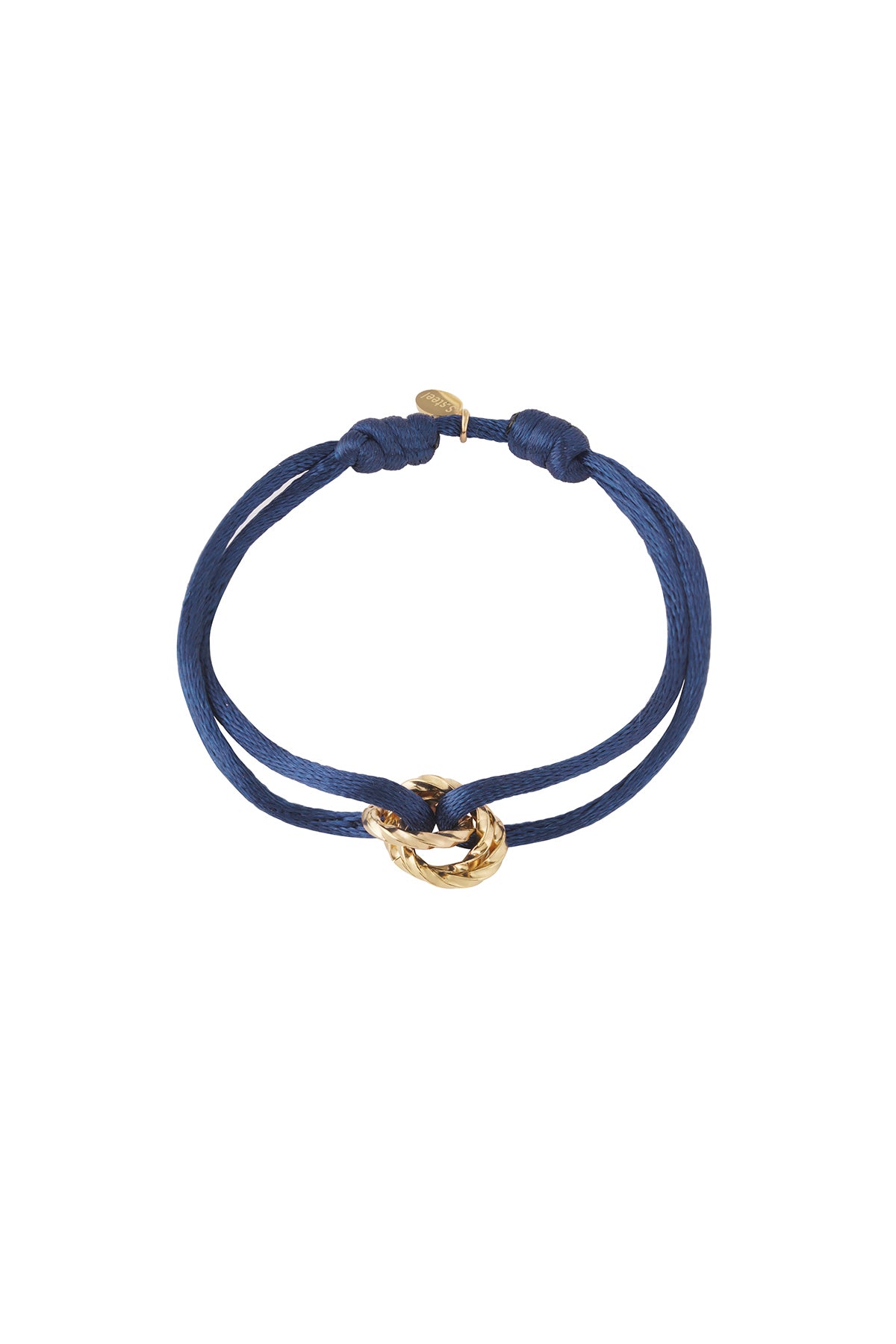 Navy knot charm bracelet with gold-plated twisted knot pendant on white background