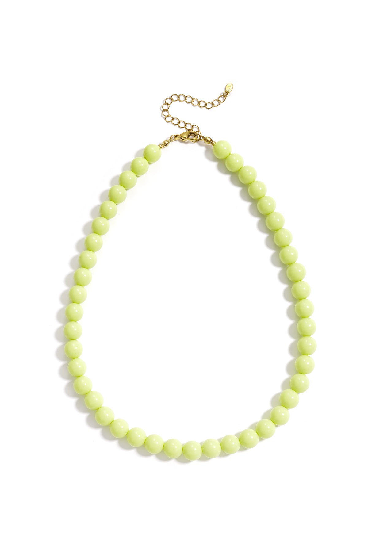 Light yellow resin beaded necklace with gold lobster clasp on white background