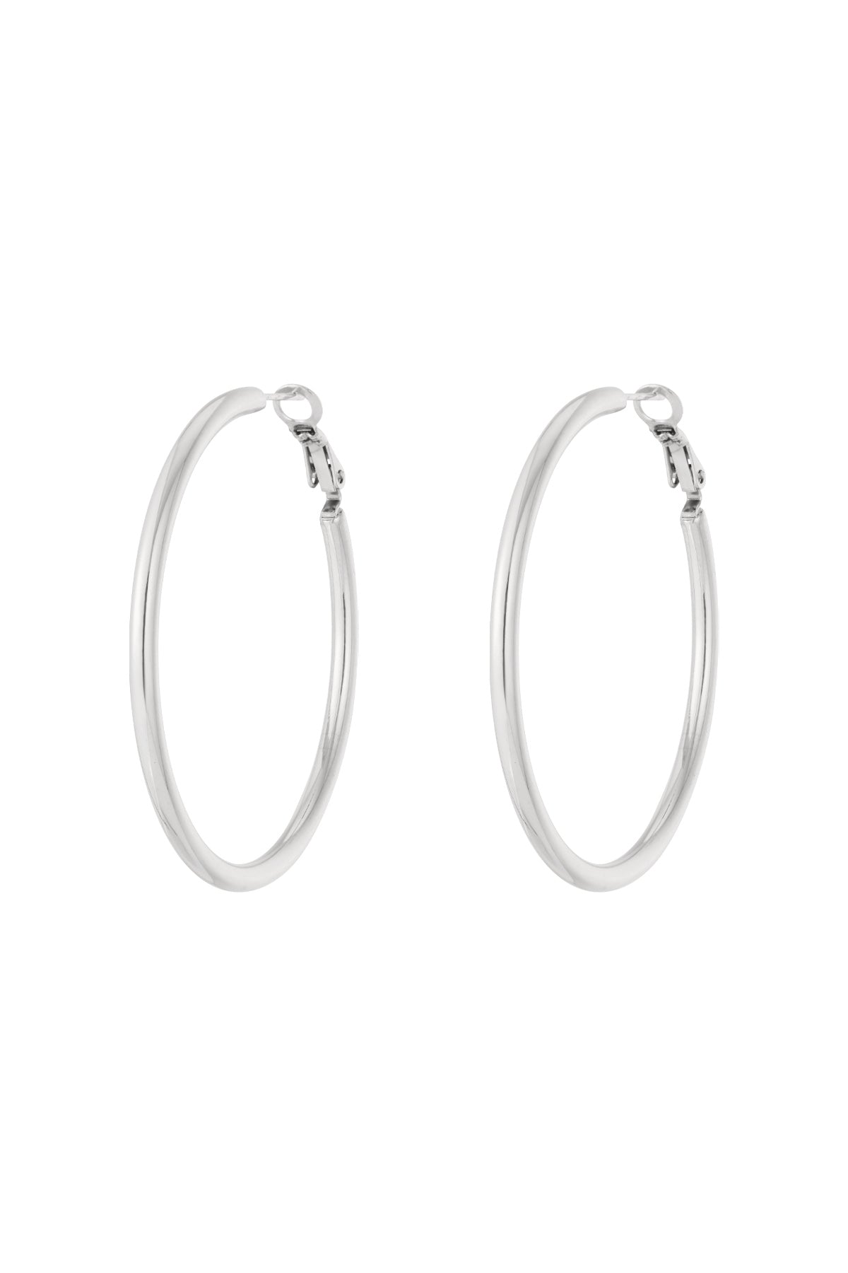 Top view of silver hoop earrings with open hinge clasp