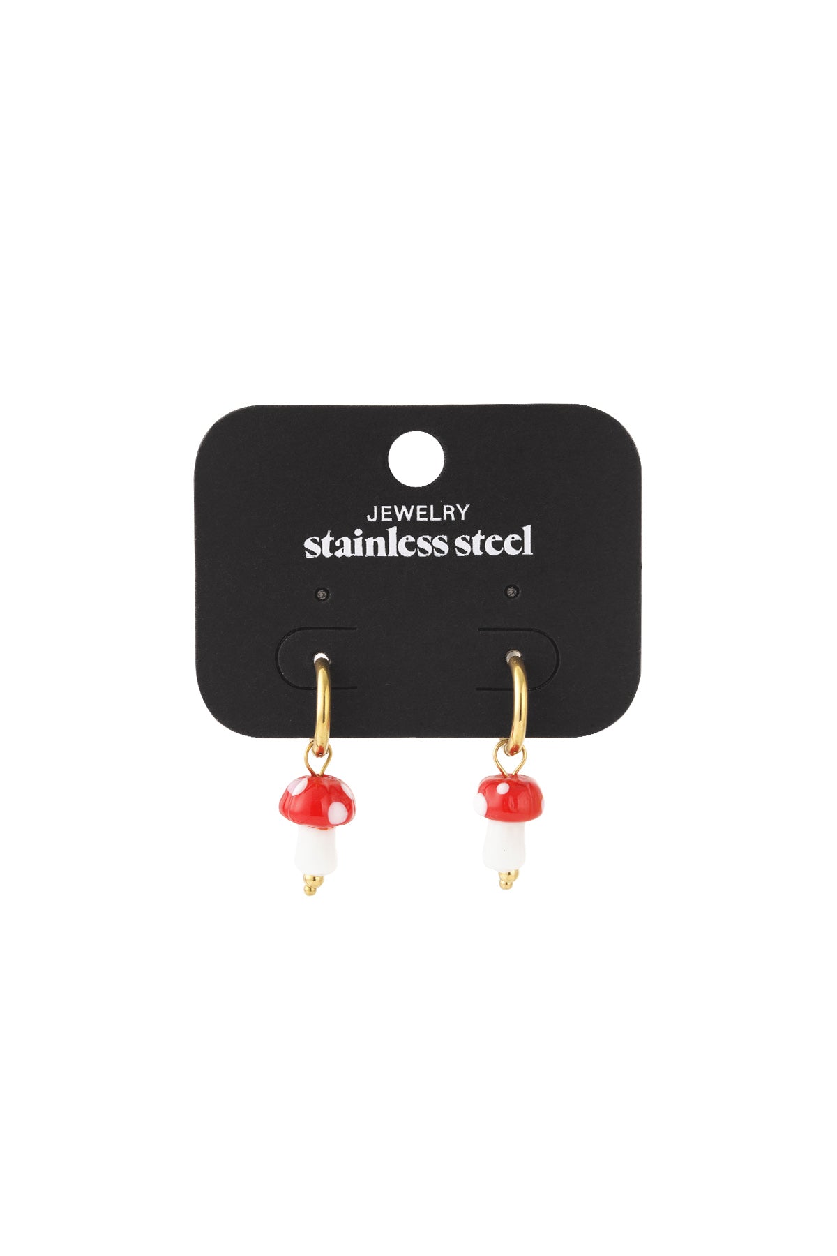 Gold hoop earrings with red and white mushroom charms displayed on black stainless steel jewelry card