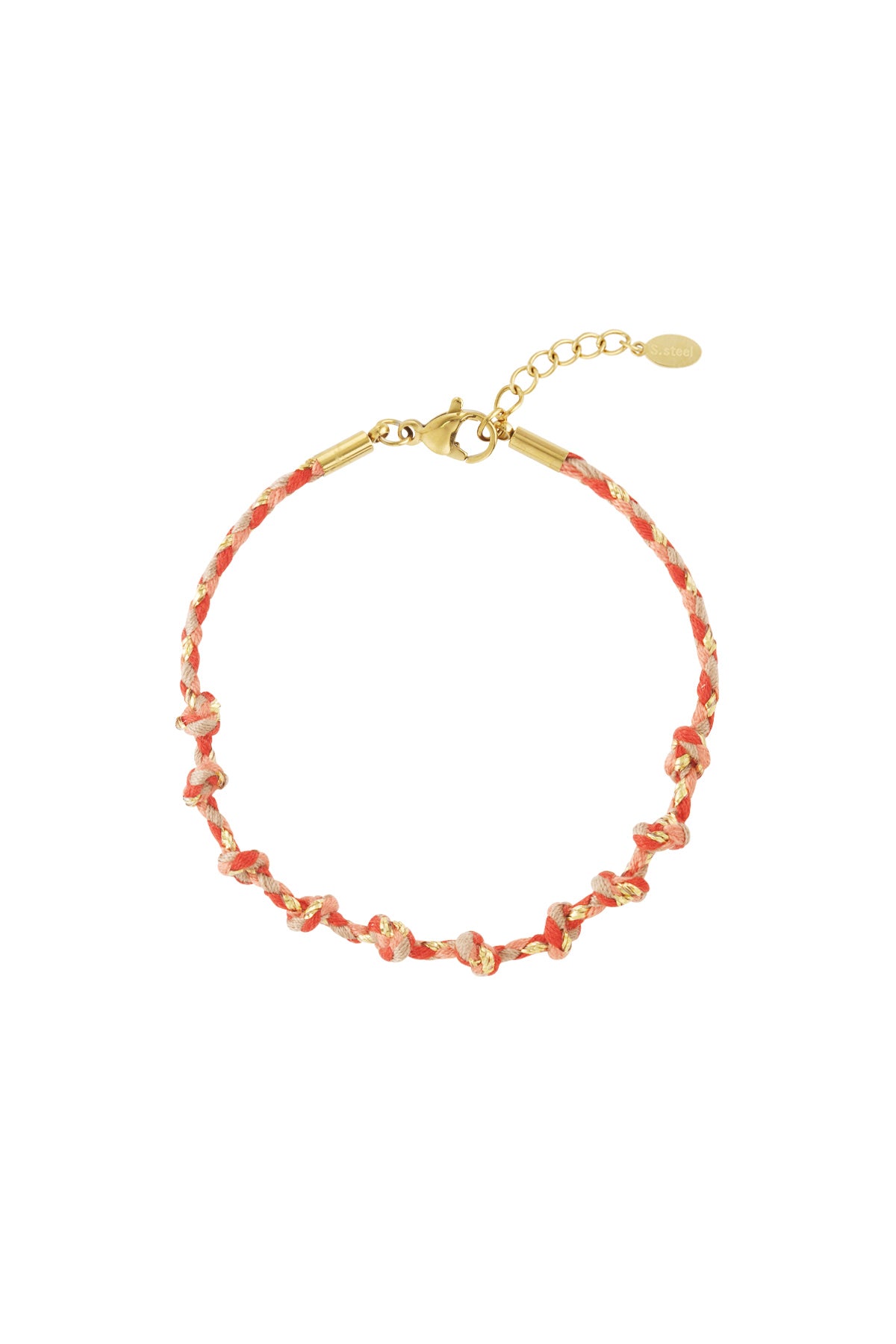 Blue and gold braided cotton chain bracelet shown flat with gold clasp and charm details on white background.