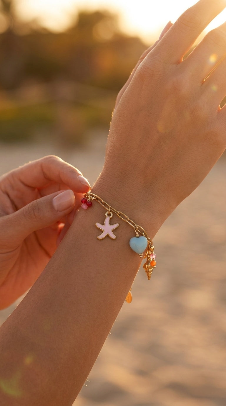Coastal Charm gold link bracelet featuring pink starfish, light blue heart, and colorful bead charms on a sunny beach.
