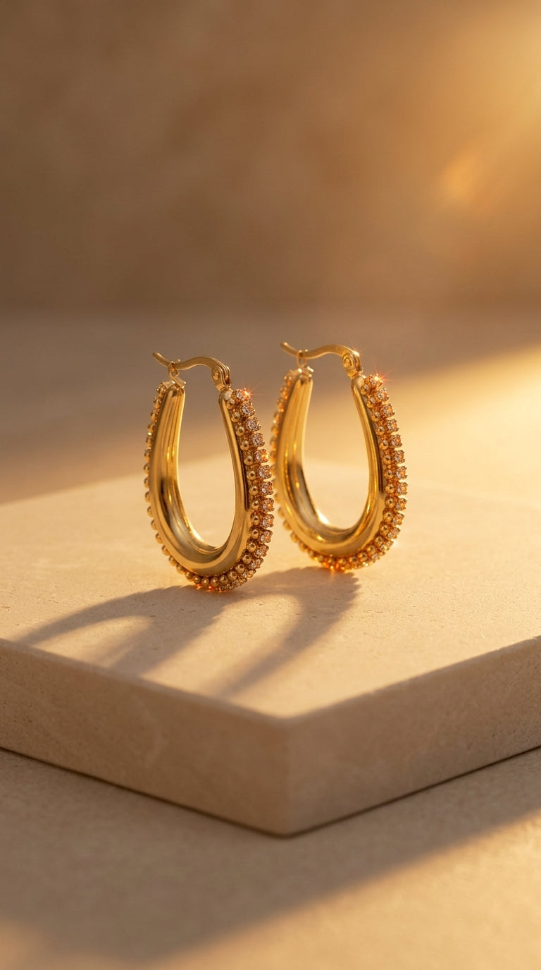 Drip Drop Glow: Gold oval hoop earrings with beaded detailing, showcased on a textured surface in warm sunlight.