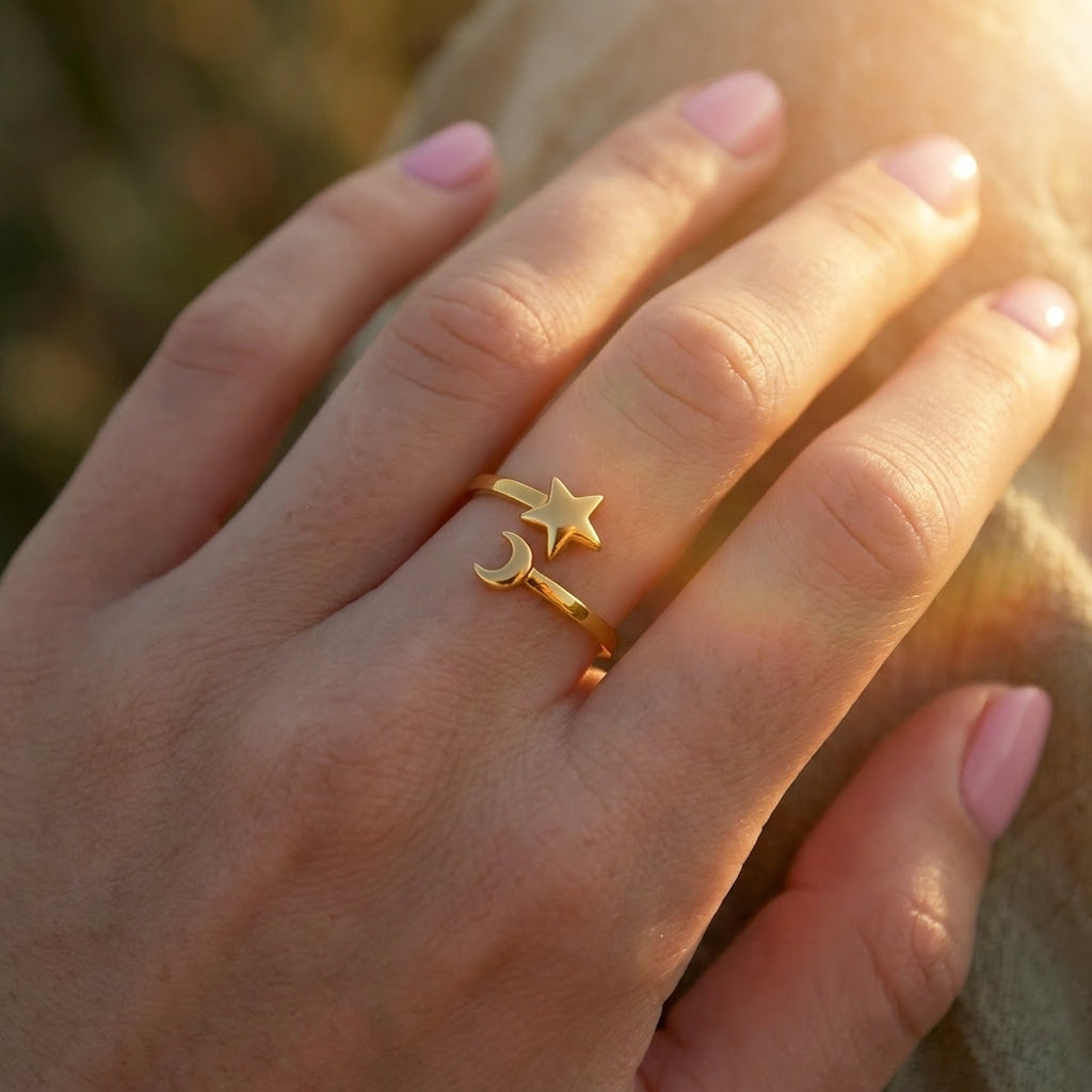 Dainty gold-tone adjustable ring featuring a small star and crescent moon on an open band, worn on a hand.