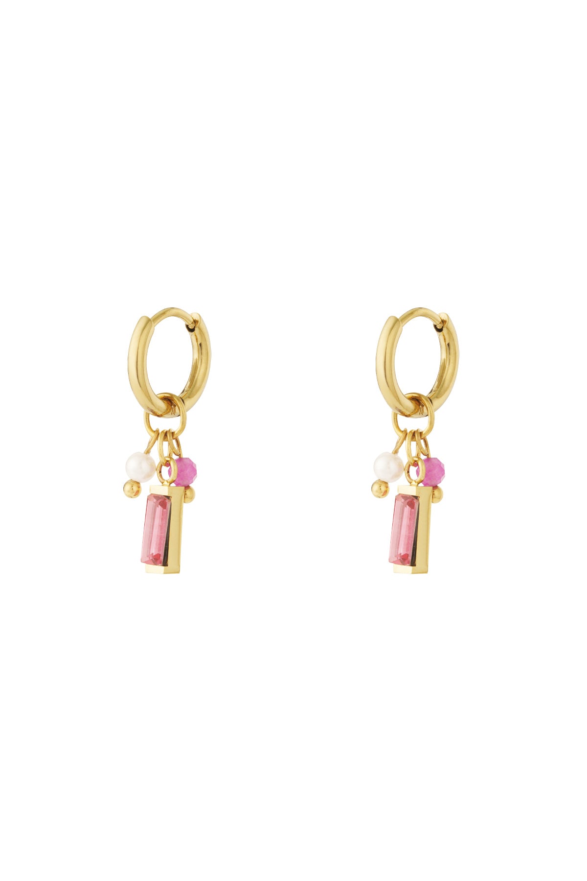 Pair of gold hoop earrings with pink rectangular gemstone, pearl, and pink bead charms on white background