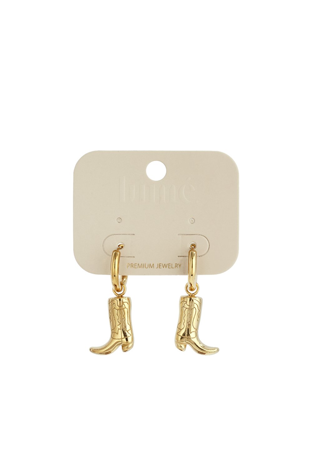 Bootin' Around earrings: Gold-toned hoop earrings featuring dangling cowboy boot charms on a display card.