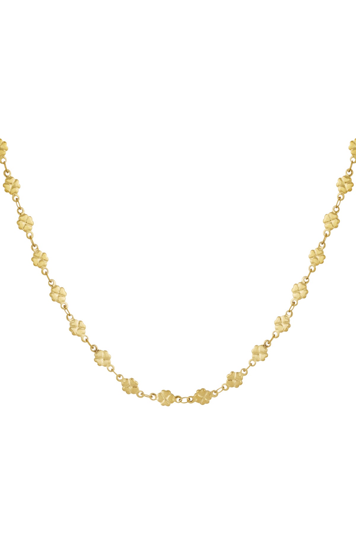 Close-up of a delicate gold-colored necklace with tiny clover-shaped links connected by small chains on white background