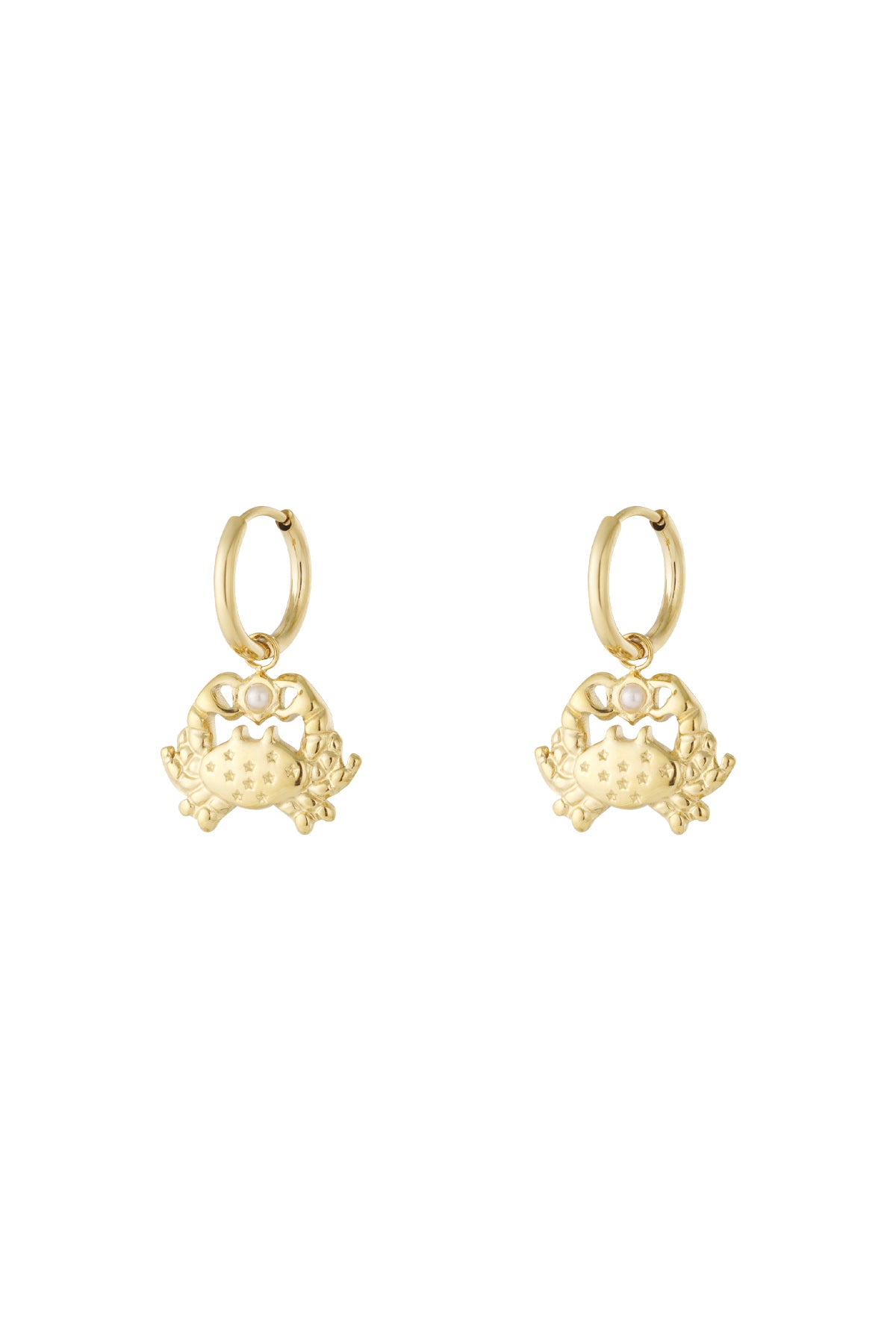 Pair of gold crab-shaped drop hoop earrings with star engravings and pearl detail.