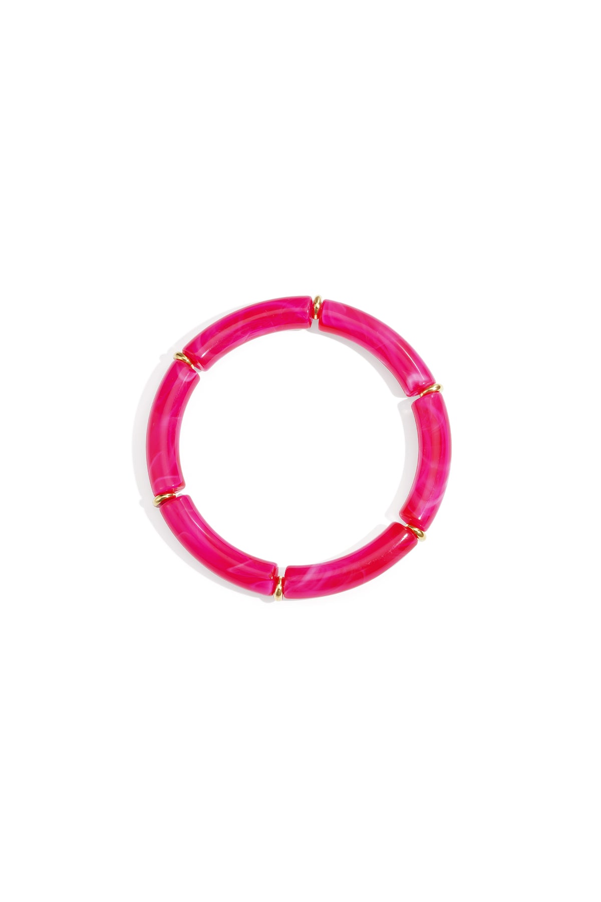 Circular bright pink resin tube bracelet with gold-tone ring spacers on white background