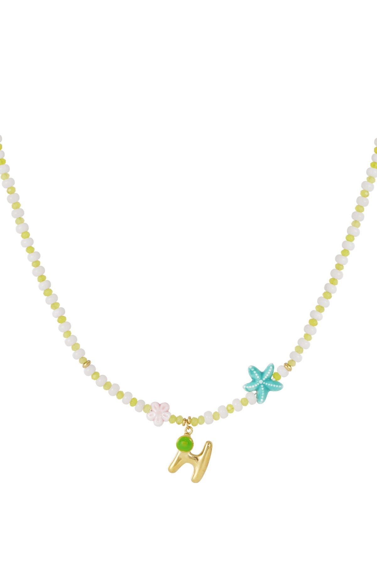 Purple beaded necklace with two turquoise starfish and a gold letter O pendant with a purple shell charm