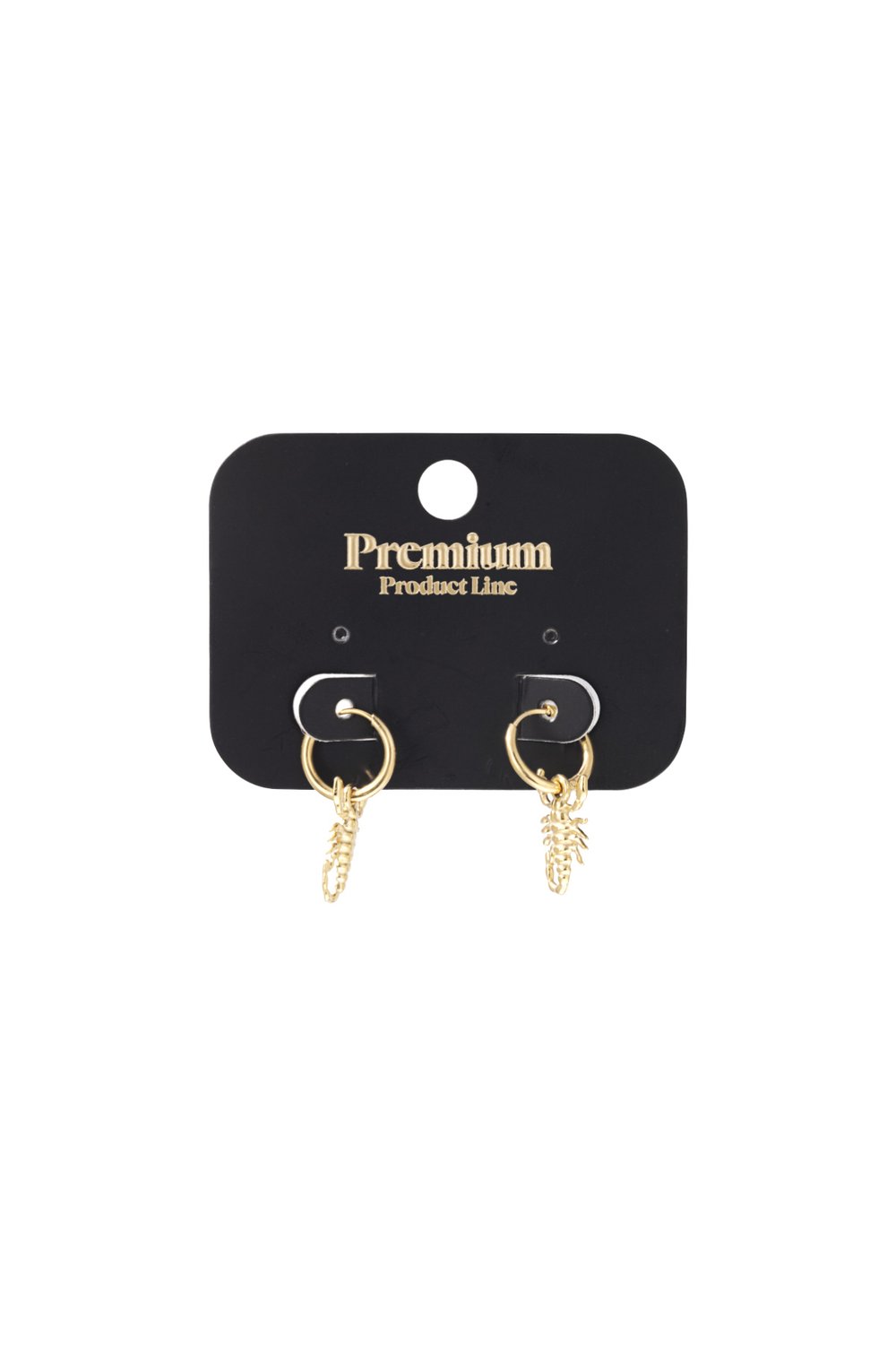 Gold hoop earrings featuring small, detailed scorpion charms on a black Premium Product Line display card.