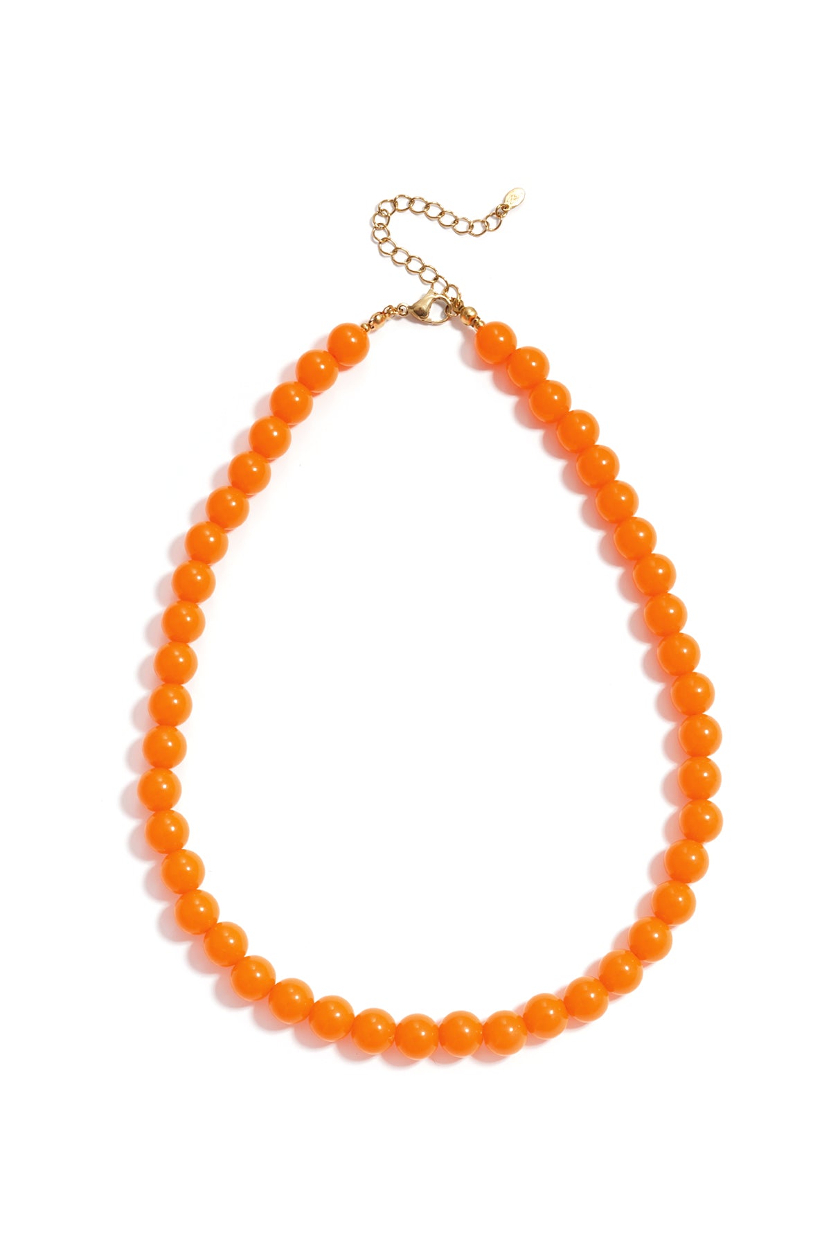 Bright orange resin beaded necklace on a gold-tone chain with a lobster clasp, centered on a white background.