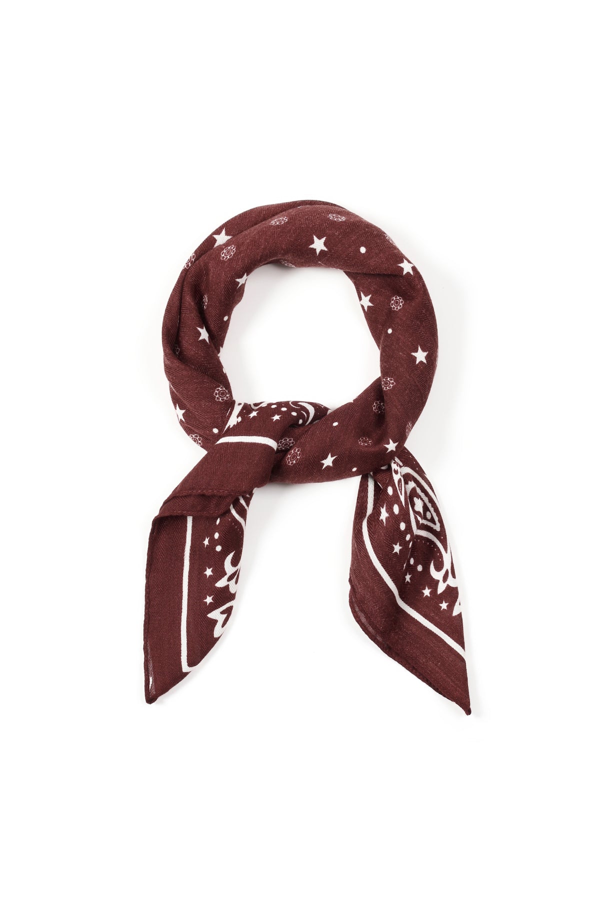Burgundy polka dot bandana scarf neatly folded and arranged showing the pattern