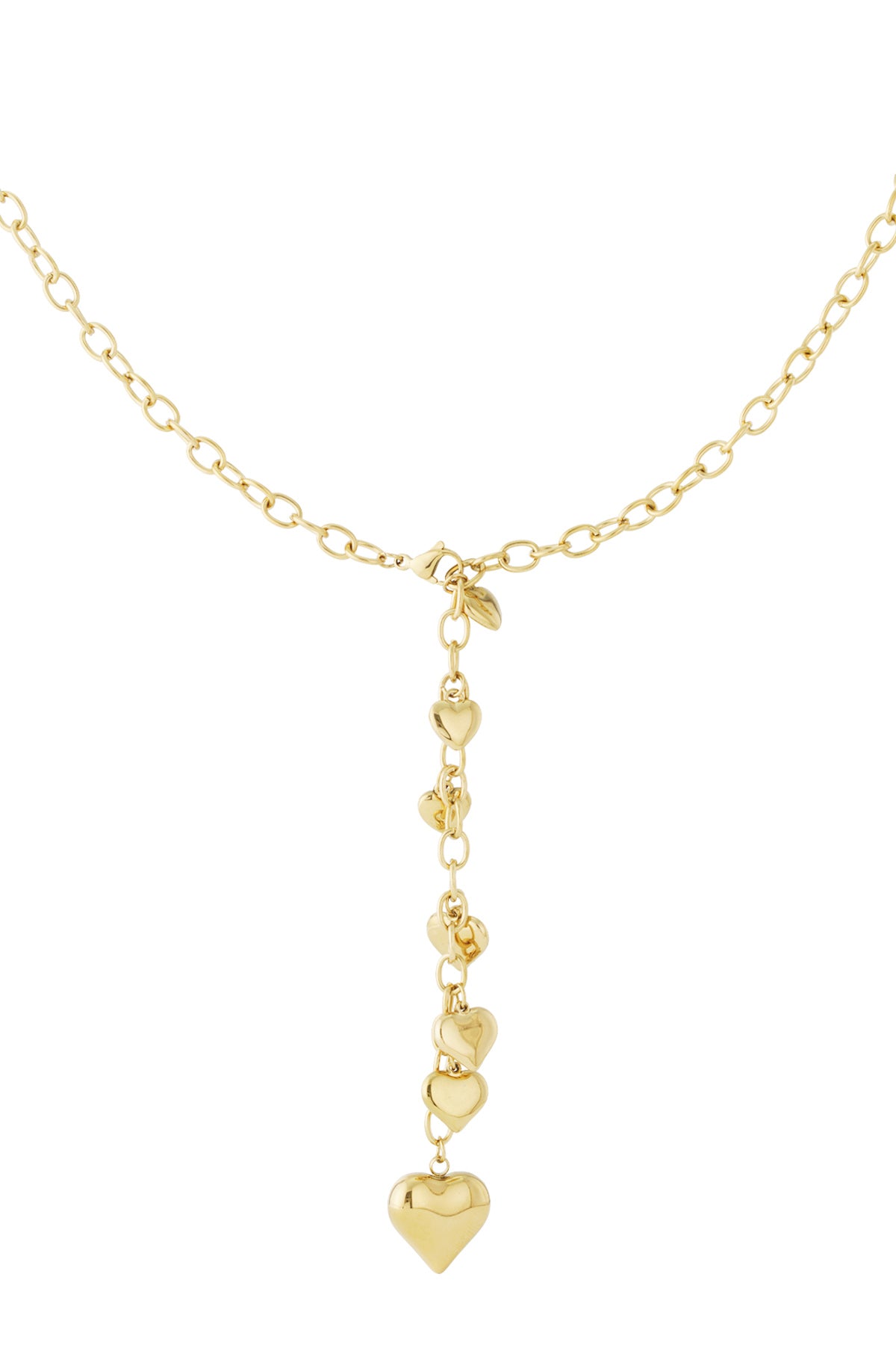 Close-up of a gold-tone charm necklace with multiple heart pendants dangling on a chain