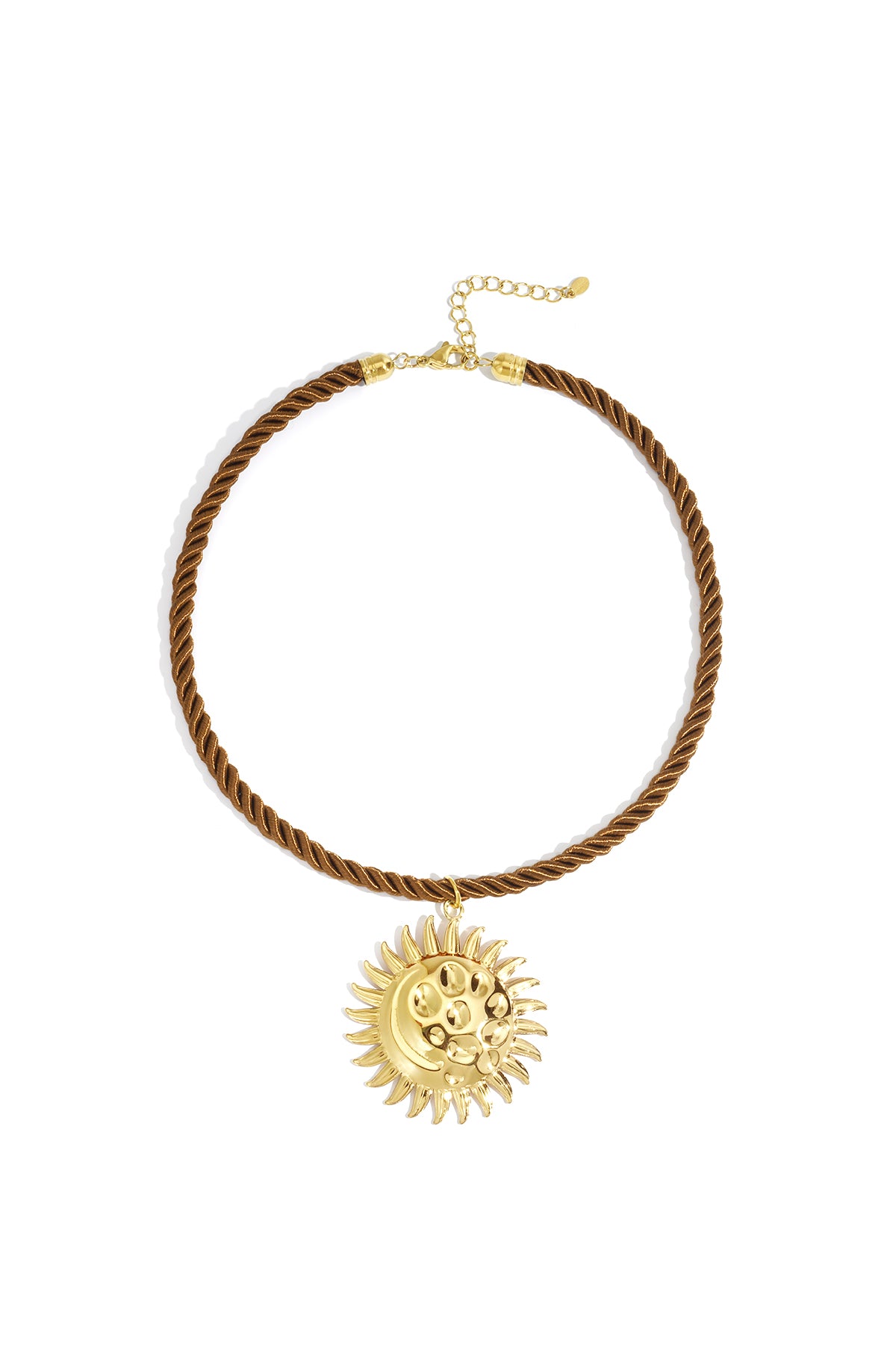 Close-up of gold sun pendant on twisted coffee brown rope necklace with adjustable chain.