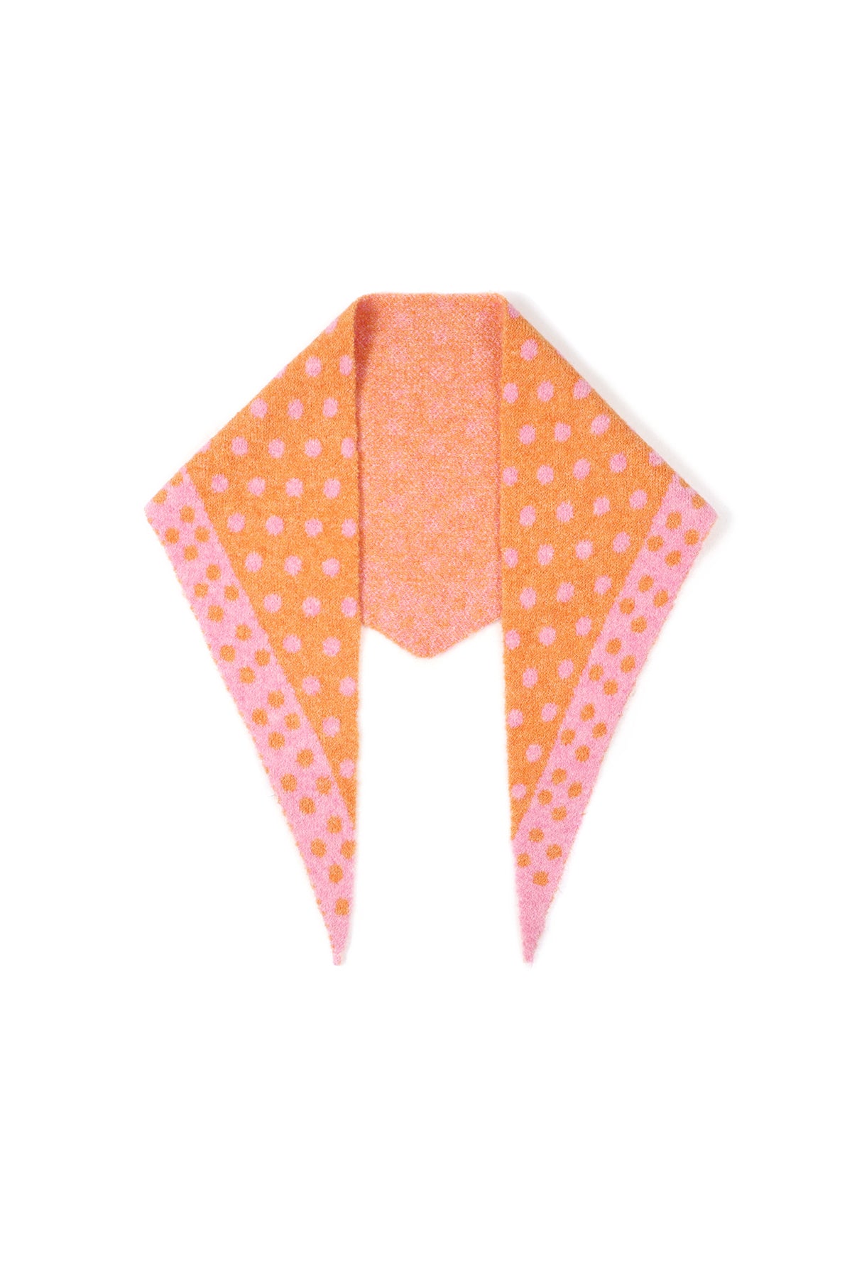 Orange and pink polka dot triangle scarf folded flat with orange base and pink border